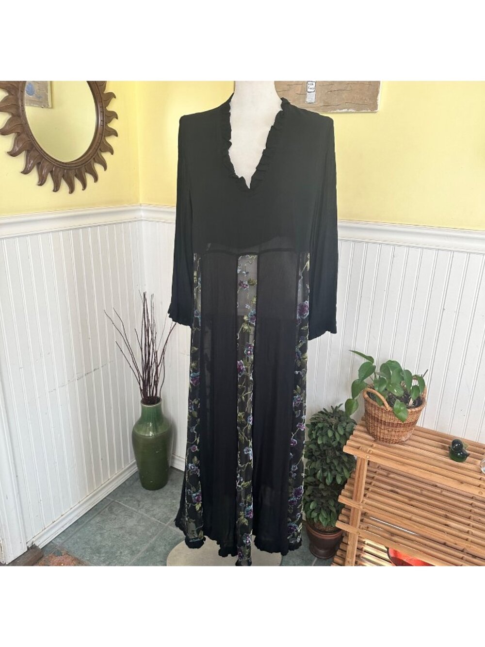 LOOK Black Floral Sheer Dress With Ruffle Neckline & Sleeves